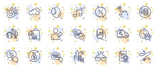 Outline set of Discount button, Statistics and Music app line icons for web app. Include Oil drop, Cursor, Fast food pictogram icons. Social responsibility, Outsource work, Smile signs. Vector