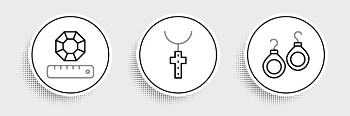 Set line Earrings, Gem stone and Christian cross chain icon. Vector