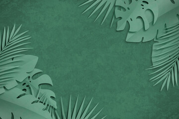 Composition of cut paper tropical palm leaves, jungle Monstera, banana and coconut leaves. Nature mockup, summer art creativity collection on green background. Top view, flat lay, close up, copy space