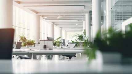 Blurry focus of a contemporary open-space office interior, can be used as a background. Wide panorama.
Generative AI.