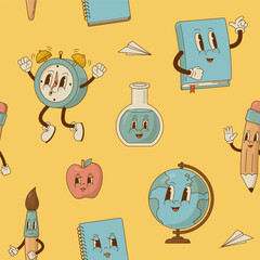 Study items retro cartoon mascot seamless pattern. Vintage book, globe, paint brush, alarm clock, apple vector illustration. Back to school