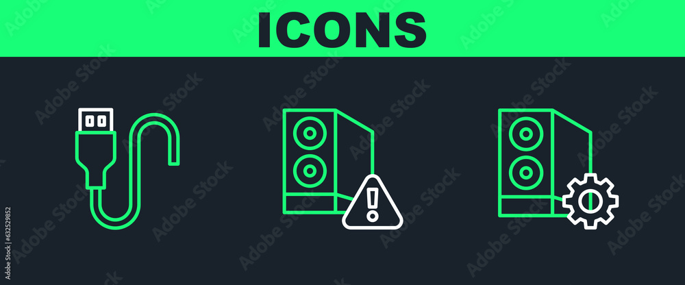 Poster set line case of computer, usb cable cord and icon. vector