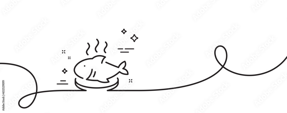 Poster fish dish line icon. continuous one line with curl. seafood plate sign. healthy food symbol. fish di