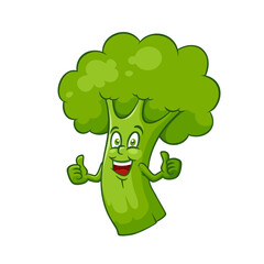 Cartoon vector illustration of a stalk of smiling broccoli with thumb up