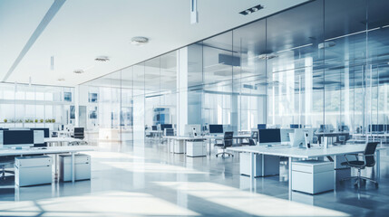 Blurry focus of a contemporary open-space office interior, can be used as a background. Wide panorama.
Generative AI.