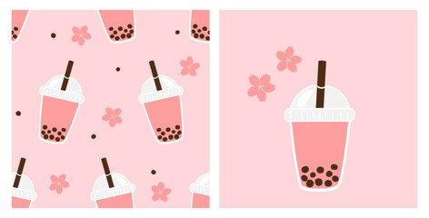 Seamless pattern with bubble green tea cups and cute flower on pink background. Bubble green tea cup icon sign with pink flower icons.