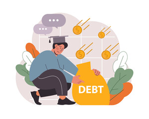 Student debt. Young graduated character with a financial crisis. Expencive