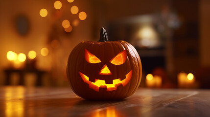 Fototapeta premium Halloween pumpkin head jack lantern with burning candles