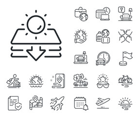 Uv protect sign. Plane jet, travel map and baggage claim outline icons. Sun protection line icon. Sunscreen effect symbol. Sun protection line sign. Car rental, taxi transport icon. Vector