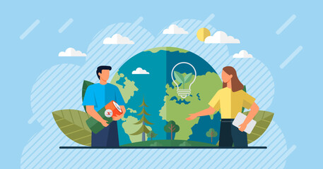Respect for environment. Save planet. Man and woman standing at globe. Earth day concept for poster. Globe with green plants and trees. Respect for nature and ecology. Symbol of caring for planet