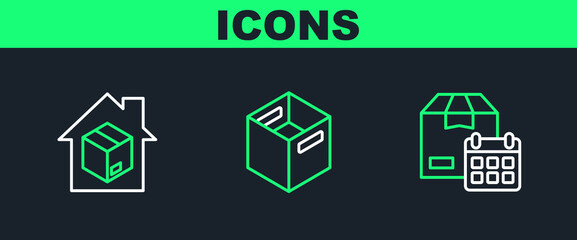 Set line Cardboard box with calendar, Home delivery services and Carton cardboard icon. Vector