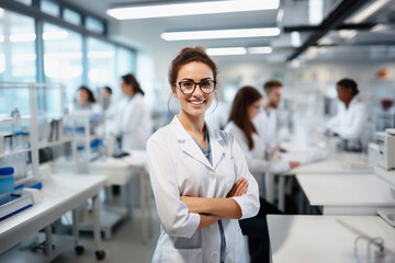 Plakat Beautiful young woman scientist wearing white coat and glasses in modern Medical Science Laboratory with Team of Specialists on background. 