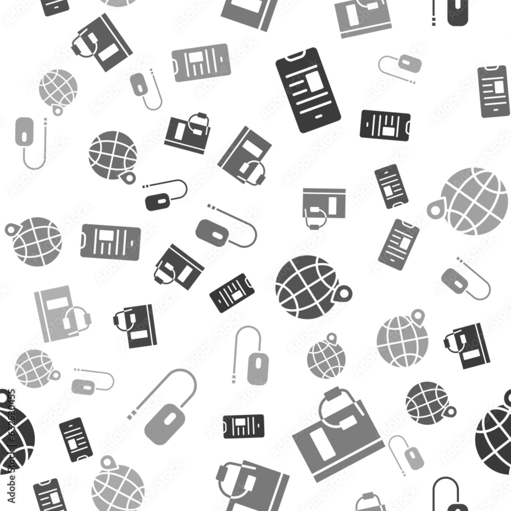 Poster set online book on mobile, audio book, location on the globe and computer mouse on seamless pattern.
