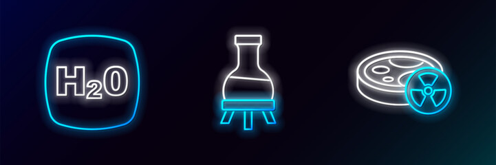 Set line Test tube with toxic liquid, Chemical formula H2O and icon. Glowing neon. Vector