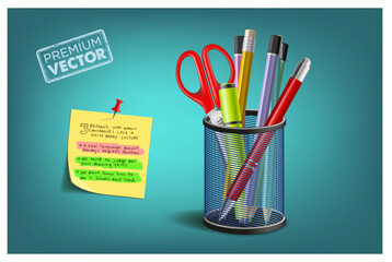 Vector illustration Office equipment cylindrical pencil holder. set of bright office supplies. Bright Colored Pen Scissors ball pen crayons sticky note paper needle highlighter