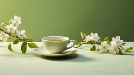 Fototapeta na wymiar A cup of tea and flowers on green background