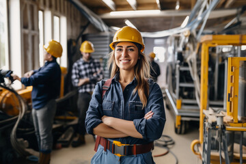 Portrait of Industry maintenance engineer woman wearing uniform and safety hard hat on factory station. Industry, Engineer, construction concept. 