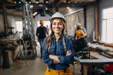 Portrait of Industry maintenance engineer woman wearing uniform and safety hard hat on factory station. Industry, Engineer, construction concept. 