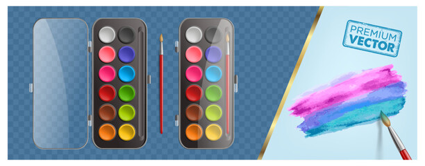 Top view of watercolor paints in box with paintbrush. Colorful watercolor palette. Artist palette with various color paints. Watercolor box. vector illustration