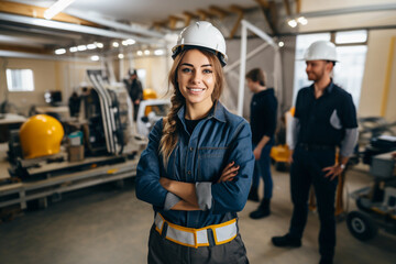 Portrait of Industry maintenance engineer woman wearing uniform and safety hard hat on factory station. Industry, Engineer, construction concept. 