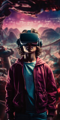 Fototapeta na wymiar Young boy wearing virtual reality glasses in neon lit room