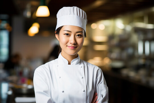  an attractive young head chef asianwoman of a prestigious restaurant. businesswoman, asian, china, japan. hotel. cook concept. illustration created with AI
