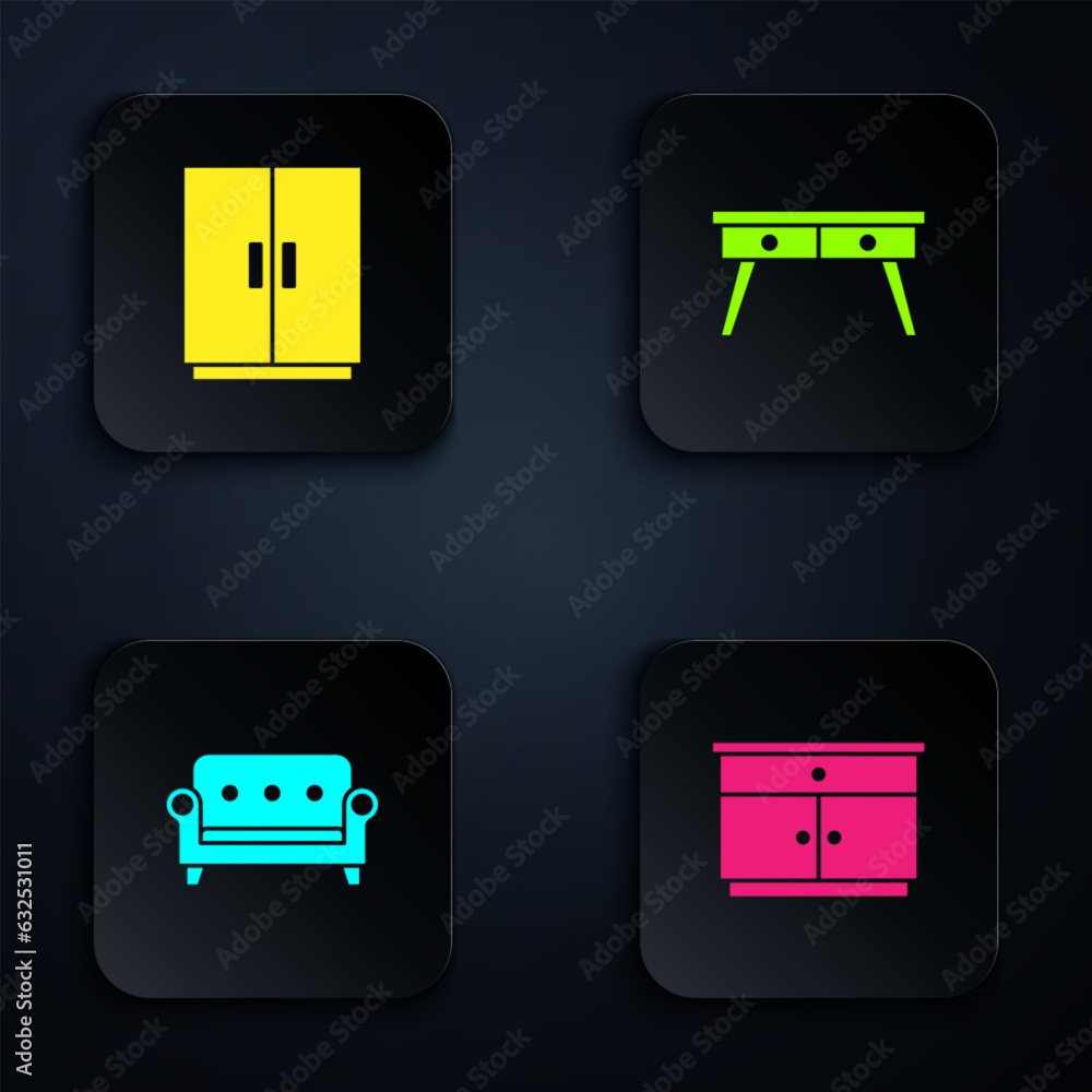 Sticker set furniture nightstand, wardrobe, sofa and office desk. black square button. vector