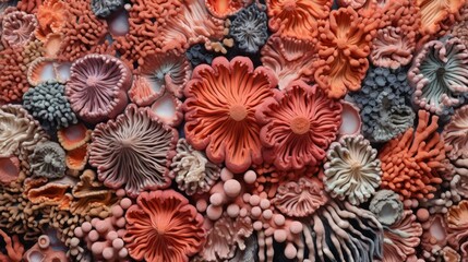 Coral reef underwater texture. Vivid corals. Undersea bottom texture. Underwater life scene. AI illustration.
