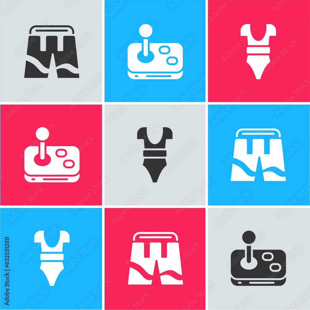 Sticker set short or pants, joystick and swimsuit icon. vector