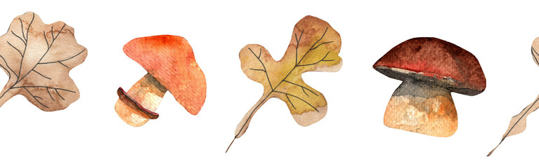 Border yellow leaves trees and mushrooms, foliage of natural branches, yellow leaves, herbs, mushrooms hand drawn watercolor on white background.
