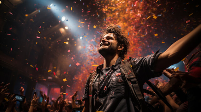 A photo of a pro gamer surrounded by confetti and streamers, commemorating their victory Generative AI