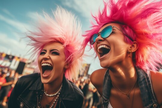 Two Joyful Punk Rock Girls With Pink Hairs On Music Festival. Listening To Live Music. People On Concert And Positive Emotions. Generative AI.