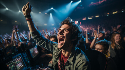 A pro gamer pumping their fists in the air as the crowd erupts in cheers around them Generative AI