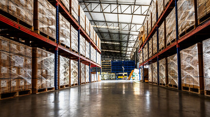 Fototapeta premium Empty stock goods on high shelves in contribution warehouse ready to deliver in cargo