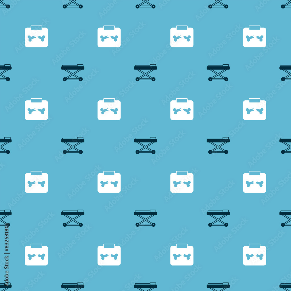 Poster set stretcher and x-ray shots with broken bone on seamless pattern. vector