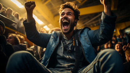 Obraz premium A pro gamer leaping from their seat with a victory yell, their energy palpable in the shot Generative AI