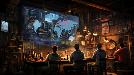 Fototapeta premium A bustling conference room filled with people engaged in intense discussions and pointing at charts on a large screen Generative AI