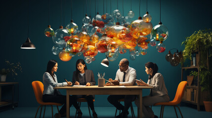 A diverse group of professionals engaged in a brainstorming session, with thought bubbles and lightbulbs floating above their heads Generative AI