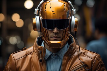 Fototapeta premium Portrait of a guy that is half robot. Beautiful illustration picture. Generative AI