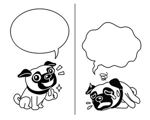 Vector cartoon character pug dog expressing different emotions with speech bubbles for design.