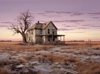 A large beautiful wooden two story abandoned farm house with peeling paint and broken windows in a rural summer countryside. Created with Generative AI technology.