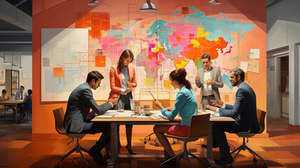 Vibrant colors highlight the various roles within the meeting: a presenter, a note-taker, an analyst, and a creative thinker, each in their own distinct area Generative AI