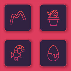 Set line Jelly worms candy, Christmas cane, Ice cream in bowl and Chocolate egg. Blue square button. Vector