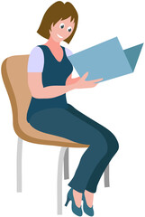 Female character sitting on chair at office meeting holding folder with paper document. Woman reading textbook, conference secretary. Businesswoman or clerk working with documentation, paperwork