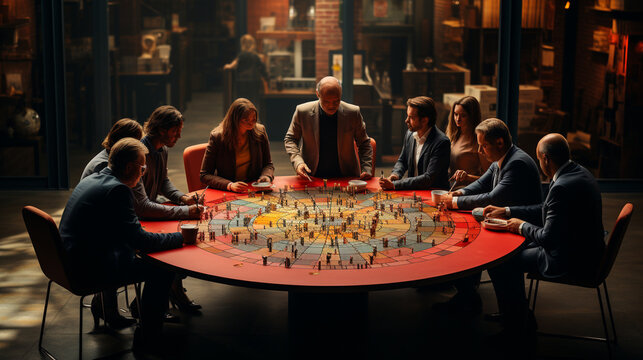 A dynamic top-down perspective of a meeting, with participants seated around a circular table resembling a roulette wheel of innovative concepts Generative AI