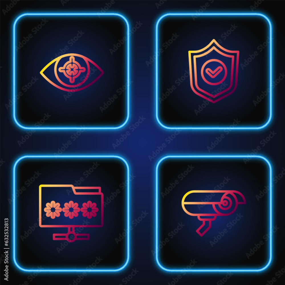 Poster set line security camera, folder with password, eye scan and shield check mark. gradient color icons