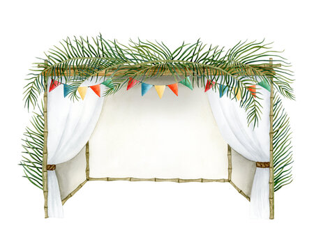 Decorated Sukkah with palm leaves on the top and festive colorful flags watercolor illustration isolated on white background for Jewish Sukkot holiday. Hand drawn succah hut