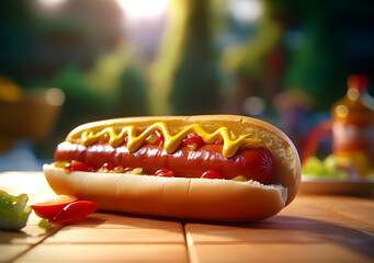 Classic hot dog with ketchup and mustard. Isolated