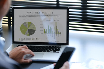View over businessman shoulder using laptop, working on investment and marketing projects at office