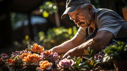 A senior gardener tending to a colorful flowerbed Generative AI
